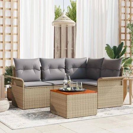 Juego de Sofá de Jardín de 5 Piezas con Cojines Beige de Poliratán Acacia | Foro24.es | Tu tienda online para hogar, jardín y más Foro24.es