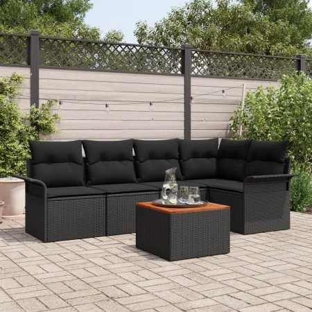 Juego de Sofá de Jardín de 6 Piezas con Cojines Negro Poliratán Acacia | Foro24.es | Tu tienda online para hogar, jardín y más Foro24.es