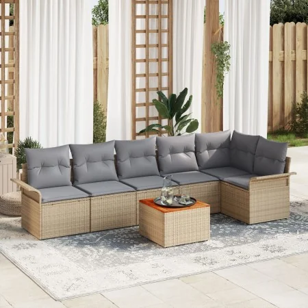 Juego de Sofá de Jardín de 7 Piezas con Cojines Beige de Poliratán Acacia | Foro24.es | Tu tienda online para hogar, jardín y más Foro24.es