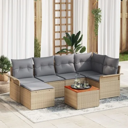 Juego de Sofás de Jardín de 7 Piezas con Cojines Beige Poliratán Acacia de , Sofás de exterior - Ref: Foro24-3347350, Precio:...