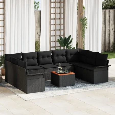 Juego de Sofá de Jardín de 10 Piezas con Cojines Negro Poliratán Acacia | Foro24.es | Tu tienda online para hogar, jardín y más Foro24.es