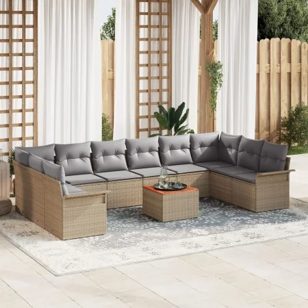 Juego de Sofás de Jardín de 11 Piezas con Cojines Beige de Rattan de Polietileno Acacia | Foro24.es | Tu tienda online para hogar, jardín y más Foro24.es
