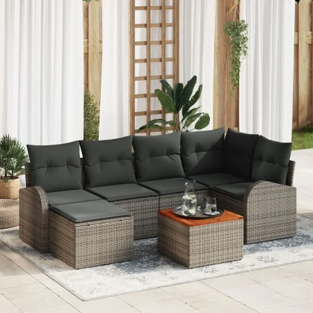 Juego de Sofá de Jardín de 7 Piezas con Cojines Gris Ratán Poliéster Acacia de , Sofás de exterior - Ref: Foro24-3347601, Pre...