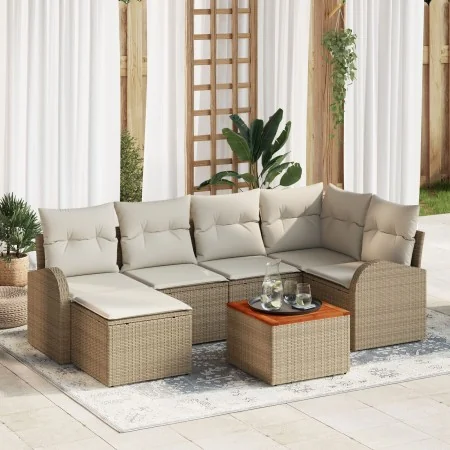 Juego de Sofá de Jardín de 7 Piezas con Cojines Beige Poliratán Acacia | Foro24.es | Tu tienda online para hogar, jardín y más Foro24.es