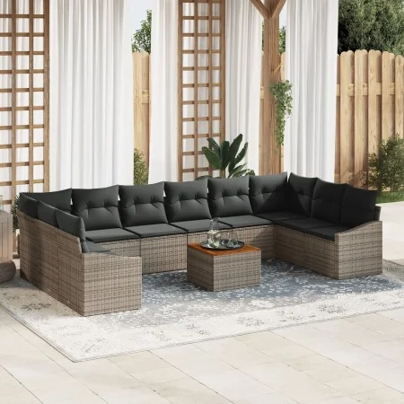 Juego de Sofá de Jardín de 11 Piezas con Cojines Gris Ratán Poliéster Acacia | Foro24.es | Tu tienda online para hogar, jardín y más Foro24.es