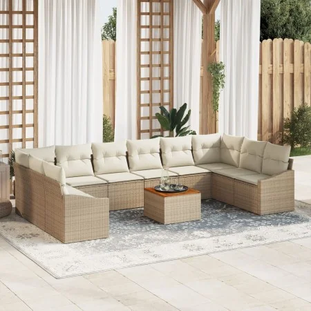 Juego de Sofá de Jardín de 11 Piezas con Cojines Beige Poliratán Acacia | Foro24.es | Tu tienda online para hogar, jardín y más Foro24.es