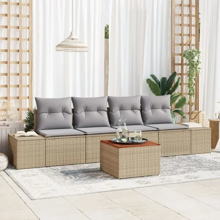 Juego de Sofás de Jardín de 5 Piezas con Cojines Beige de Poliratán Acacia | Foro24.es | Tu tienda online para hogar, jardín y más Foro24.es