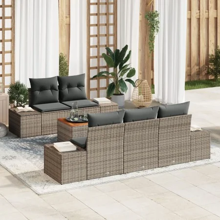 Set de Sofás de Jardín de 6 Piezas con Cojines Gris Ratán Polimérico Acacia von , Outdoor-Sofas - Ref: Foro24-3347895, Preis:...