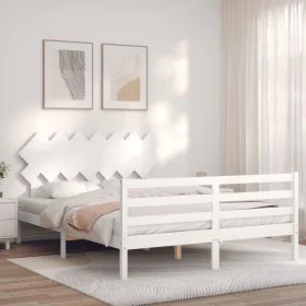 White solid wood bed frame with headboard 140x190 cm by vidaXL, Beds and slatted bases - Ref: Foro24-3195267, Price: 130,52 €...