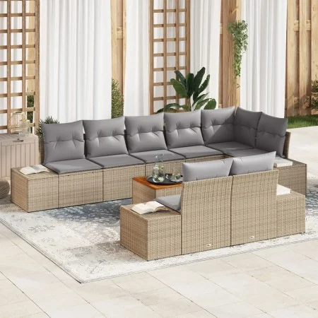 Juego de Sofás de Jardín de 9 Piezas con Cojines Beige de Ratán de Polietileno Acacia de , Sofás de exterior - Ref: Foro24-33...