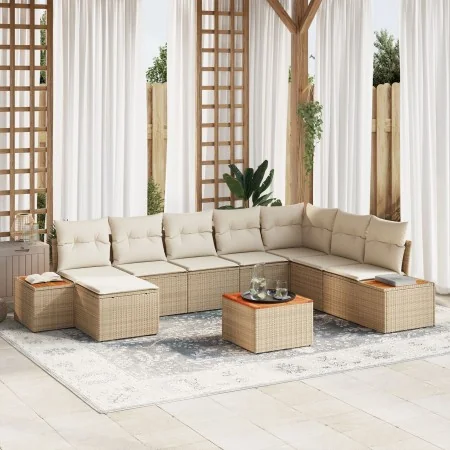 Juego de Sofá de Jardín de 9 Piezas con Cojines Beige de Polirratán y Acacia | Foro24.es | Tu tienda online para hogar, jardín y más Foro24.es