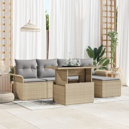 Juego de Sofá de Jardín de 6 Piezas con Cojines Beige de Polirratán | Foro24.es | Tu tienda online para hogar, jardín y más Foro24.es