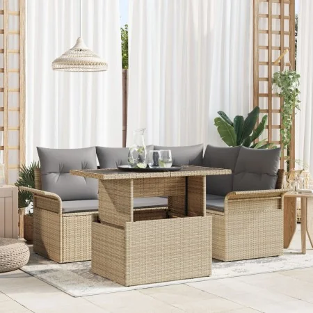 Conjunto de Sofá de Jardín de 5 Piezas con Cojines Beige de Ratán Poliéster | Foro24.es | Tu tienda online para hogar, jardín y más Foro24.es