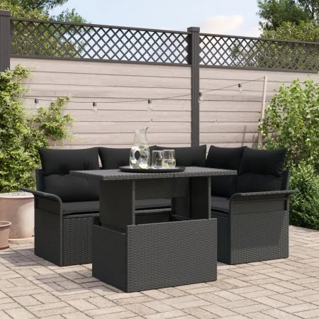 Conjunto de Sofás de Jardín de 5 Piezas con Cojines Negro de Ratán Poly | Foro24.es | Tu tienda online para hogar, jardín y más Foro24.es