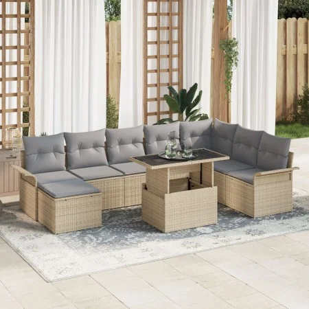 Juego de Sofá de Jardín de 9 Piezas con Cojines Beige Poliratán | Foro24.es | Tu tienda online para hogar, jardín y más Foro24.es