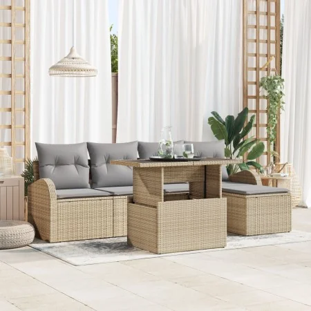Juego de Sofá de Jardín de 6 Piezas con Cojines Beige de Poliratán | Foro24.es | Tu tienda online para hogar, jardín y más Foro24.es