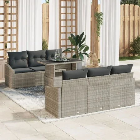 Conjunto de sofá de jardín de 7 piezas con cojines Gris Claro Poliratán | Foro24.es | Tu tienda online para hogar, jardín y más Foro24.es