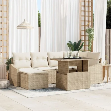 Juego de Sofá de Jardín de 7 Piezas con Cojines en Polirratán Beige | Foro24.es | Tu tienda online para hogar, jardín y más Foro24.es