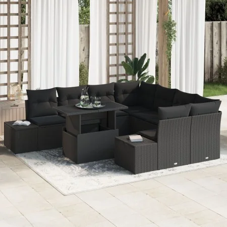 Juego de Sofás de Jardín de 9 Piezas con Cojines Negro Ratán Poliéster by , Outdoor sofas - Ref: Foro24-3349159, Price: 643,8...