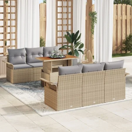Conjunto de 7 Piezas de Sofá de Jardín con Cojines Beige Ratán Poliéster Acacia | Foro24.es | Tu tienda online para hogar, jardín y más Foro24.es