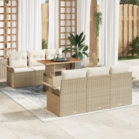 Conjunto de Sofá de Jardín de 7 Piezas con Cojines Beige Ratán Poliéster Acacia by , Outdoor sofas - Ref: Foro24-3349280, Pri...