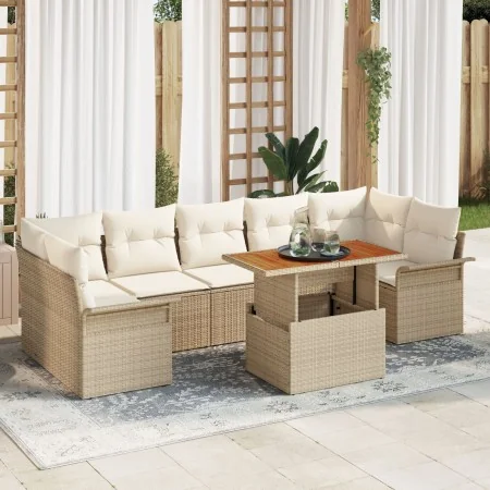 Juego de Sofá de Jardín de 8 Piezas con Cojines Beige Ratán Poli Acacia von , Outdoor-Sofas - Ref: Foro24-3349301, Preis: 611...