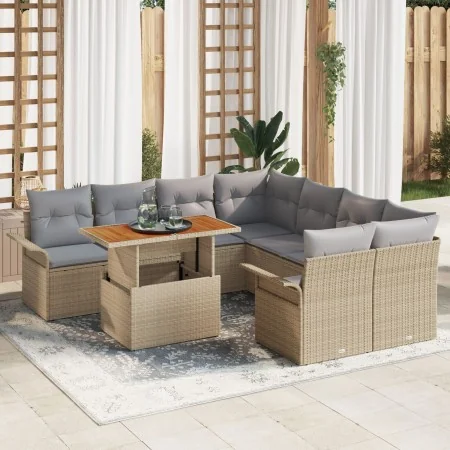 Conjunto de Sofá de Jardín de 9 Piezas con Cojines Beige Poliratán Acacia | Foro24.es | Tu tienda online para hogar, jardín y más Foro24.es