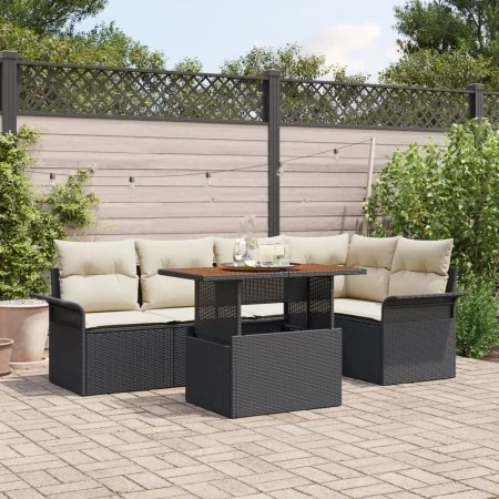 Conjunto de Comedor de Jardín de 6 Piezas con Cojines Negro Ratán Polimérico Acacia | Foro24.es | Tu tienda online para hogar, jardín y más Foro24.es