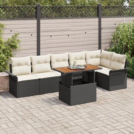 Juego de Comedor de Jardín de 7 Piezas con Cojines Negro Ratán Sintético Acacia | Foro24.es | Tu tienda online para hogar, jardín y más Foro24.es