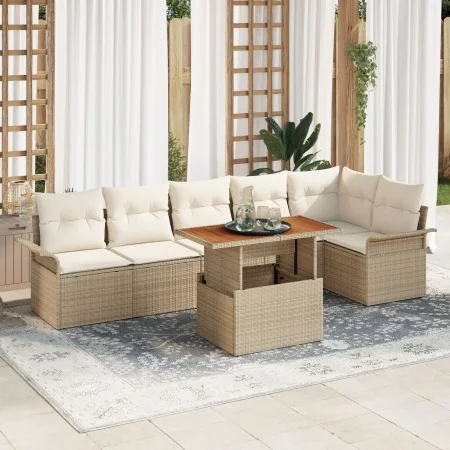 Conjunto de comedor de jardín de 7 piezas con cojines beige ratán poliéster acacia by , Outdoor sofas - Ref: Foro24-3349343, ...