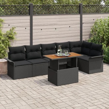 Conjunto de Comedor de Jardín de 7 Piezas con Cojines Negro Ratán Polietileno Acacia by , Outdoor sofas - Ref: Foro24-3349344...