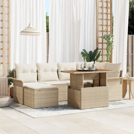 Conjunto de Comedor de Jardín de 7 Piezas con Cojines en Ratán Polibéige de by , Outdoor sofas - Ref: Foro24-3349357, Price: ...