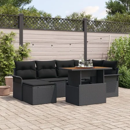 Conjunto de Comedor de Jardín de 7 Piezas con Cojines Negro Polirratán Acacia de , Sofás de exterior - Ref: Foro24-3349358, P...