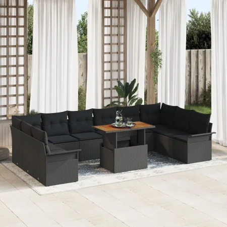 Juego de Comedor de Jardín de 11 Piezas con Cojines Negro Poliratán Acacia von , Outdoor-Sofas - Ref: Foro24-3349386, Preis: ...