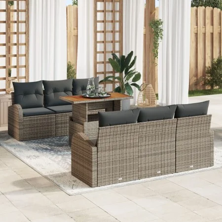 Juego de Comedor de Jardín de 7 Piezas con Cojines Gris Ratán Poliéster Acacia | Foro24.es | Tu tienda online para hogar, jardín y más Foro24.es