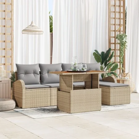 Conjunto de 6 Piezas de Comedor de Jardín con Cojines Beige Poliratán Acacia | Foro24.es | Tu tienda online para hogar, jardín y más Foro24.es