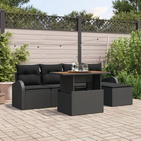 Set de comedor de jardín de 6 piezas con cojines, ratán negro y acacia de , Sofás de exterior - Ref: Foro24-3349575, Precio: ...