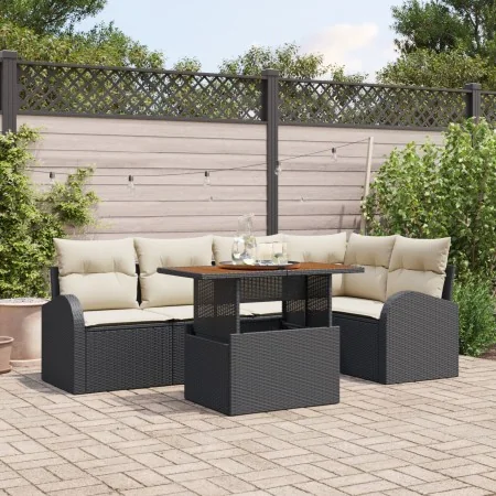 Conjunto de Comedor de Jardín de 6 Piezas con Cojines Negro Poliratán Acacia von , Outdoor-Sofas - Ref: Foro24-3349585, Preis...