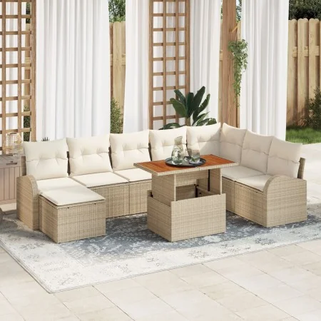 Conjunto de Comedor de Jardín de 9 Piezas con Cojines Beige Poliratán Acacia de , Sofás de exterior - Ref: Foro24-3349623, Pr...