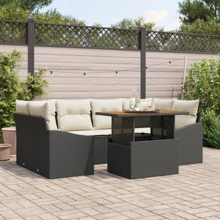 Juego de Comedor de Jardín de 7 Piezas con Cojines Negro Poliratán Acacia | Foro24.es | Tu tienda online para hogar, jardín y más Foro24.es