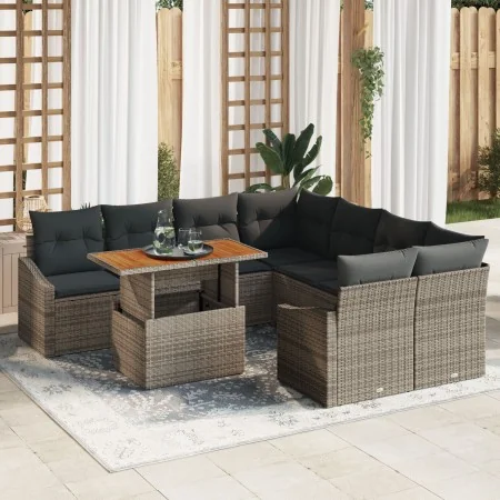 Juego de Comedor de Jardín de 9 Piezas con Cojines Gris de Ratán Poliéster Acacia by , Outdoor sofas - Ref: Foro24-3349817, P...