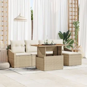 Set de Comedor de Jardín de 6 Piezas con Cojines Beige de Ratán Poliéster Acacia by , Outdoor sofas - Ref: Foro24-3349826, Pr...