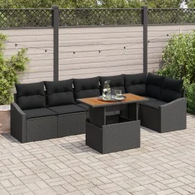 Conjunto de Sofás de Jardín Set de 7 Negro Ratán