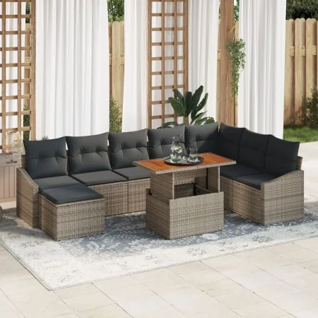 Conjunto de Comedor de Jardín de 9 Piezas con Cojines Gris Poliratan Acacia | Foro24.es | Tu tienda online para hogar, jardín y más Foro24.es