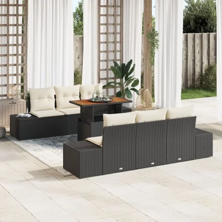 Conjunto Sofá Jardín 7 Piezas Beige y Negro Ratán y Poliéster de , Sofás de exterior - Ref: Foro24-3349907, Precio: 543,77 €,...