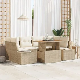 Conjunto de Sofá de Jardín Set de 7 Beige Ratán