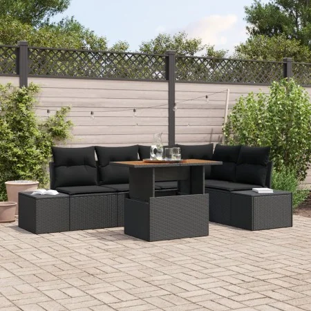 Juego de Comedor de Jardín de 6 Piezas con Cojines de Poliratán Negro de Acacia de , Sofás de exterior - Ref: Foro24-3349967,...