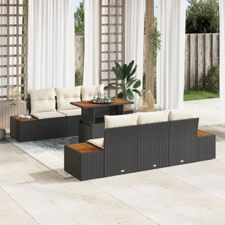 Conjunto de Comedor de Jardín de 7 Piezas con Cojines Negros Ratán Poliéster Acacia | Foro24.es | Tu tienda online para hogar, jardín y más Foro24.es