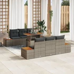 Juego de Comedor de Jardín de 7 Piezas con Cojines Gris Ratán Polímero Acacia de , Sofás de exterior - Ref: Foro24-3350031, P...