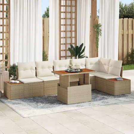 Conjunto de Sofá de Jardín Set de 7 Beige Ratán, Madera, Poliéster | Foro24.es | Tu tienda online para hogar, jardín y más Foro24.es